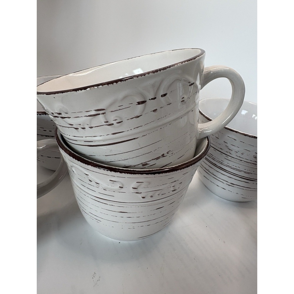 Pfaltzgraff Trellis White 12 Oz Stoneware Rustic Farmhouse Coffee Mugs SET OF 5